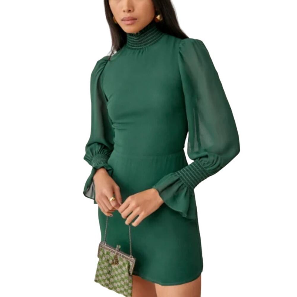 Reformation High Neck Mini Dress Size 6 Green Sheer Long Sleeve Avant Garde Chic